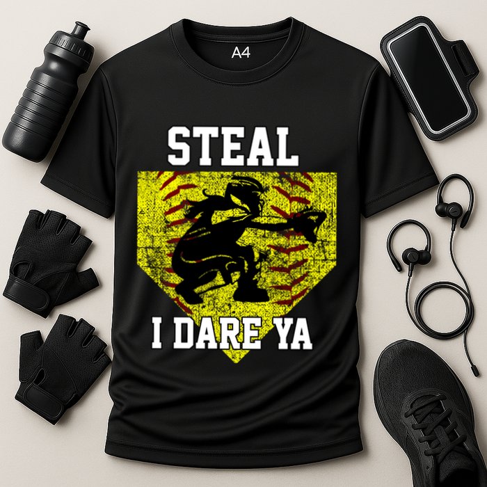 Softball Catcher Steal I Dare Ya Funny Player Gift Cooling Performance Crew T-Shirt