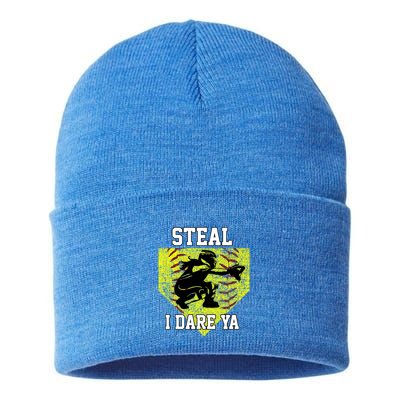 Softball Catcher Steal I Dare Ya Funny Player Gift Sustainable Knit Beanie