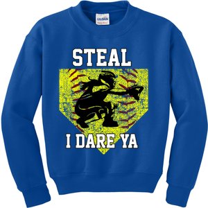 Softball Catcher Steal I Dare Ya Funny Player Gift Kids Sweatshirt