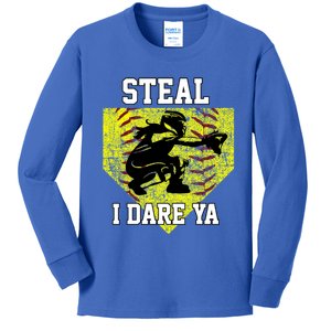 Softball Catcher Steal I Dare Ya Funny Player Gift Kids Long Sleeve Shirt