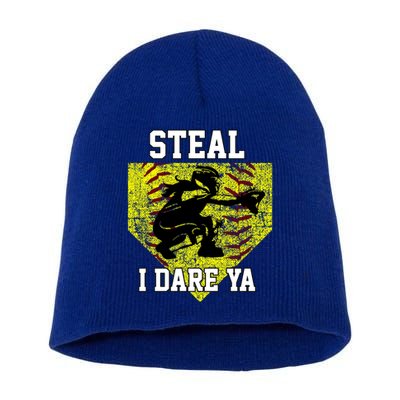 Softball Catcher Steal I Dare Ya Funny Player Gift Short Acrylic Beanie