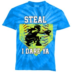 Softball Catcher Steal I Dare Ya Funny Player Gift Kids Tie-Dye T-Shirt