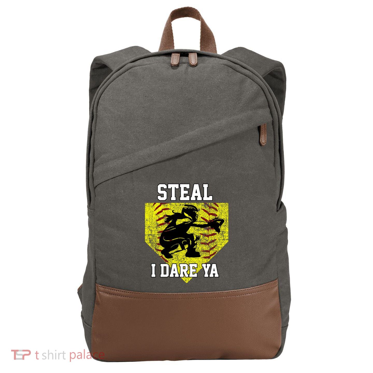 Softball Catcher Steal I Dare Ya Funny Player Gift Cotton Canvas Backpack