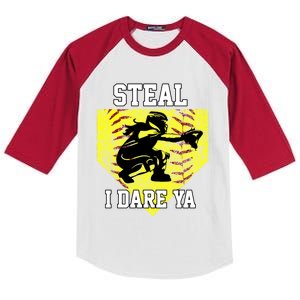 Softball Catcher Steal I Dare Ya Funny Player Gift Kids Colorblock Raglan Jersey