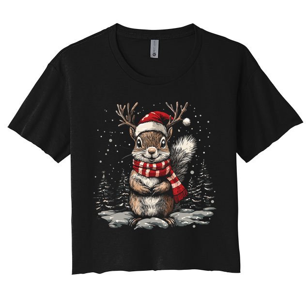 Squirrel Christmas Santa Hat Pajama Funny Squirrel Xmas Gift Women's Crop Top Tee