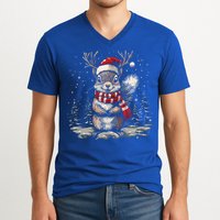 Squirrel Christmas Santa Hat Pajama Funny Squirrel Xmas Gift V-Neck T-Shirt