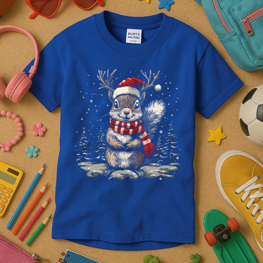 Squirrel Christmas Santa Hat Pajama Funny Squirrel Xmas Gift Kids T-Shirt