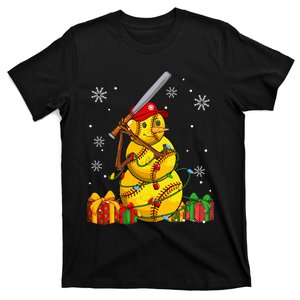 Softball Christmas Snowman Wearing Santa Hat Pajamas T-Shirt