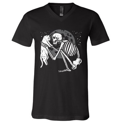 Skeleton Cat Skull Kitty Cute Goth Halloween V-Neck T-Shirt