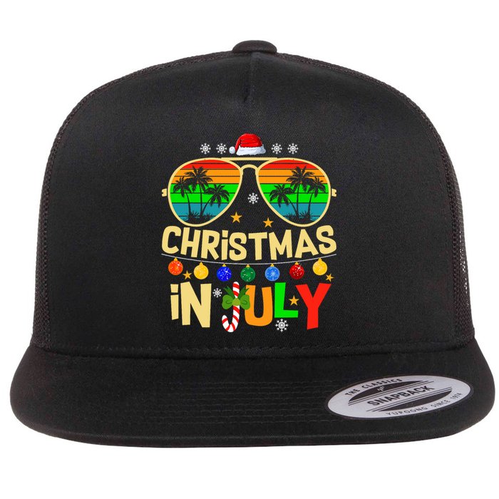 Santa Claus Sunglasses Beach Christmas In July Flat Bill Trucker Hat