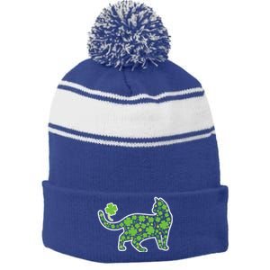 Shamrock Cat St Patricks Day For Irish Feline Lover Gift Stripe Pom Pom Beanie