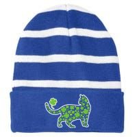 Shamrock Cat St Patricks Day For Irish Feline Lover Gift Striped Beanie with Solid Band