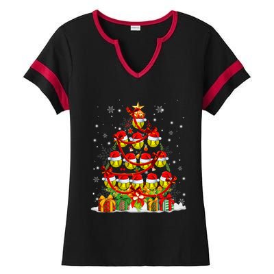 Santa Claus Softball Ball Xmas Tree Lights Merry Christmas Gift Ladies Halftime Notch Neck Tee