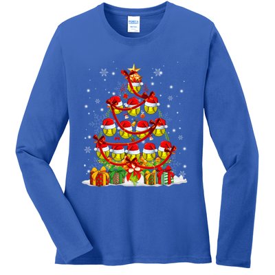 Santa Claus Softball Ball Xmas Tree Lights Merry Christmas Gift Ladies Long Sleeve Shirt