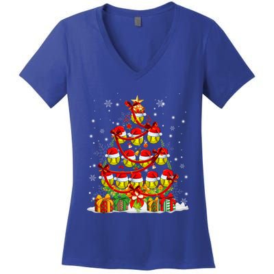 Santa Claus Softball Ball Xmas Tree Lights Merry Christmas Gift Women's V-Neck T-Shirt