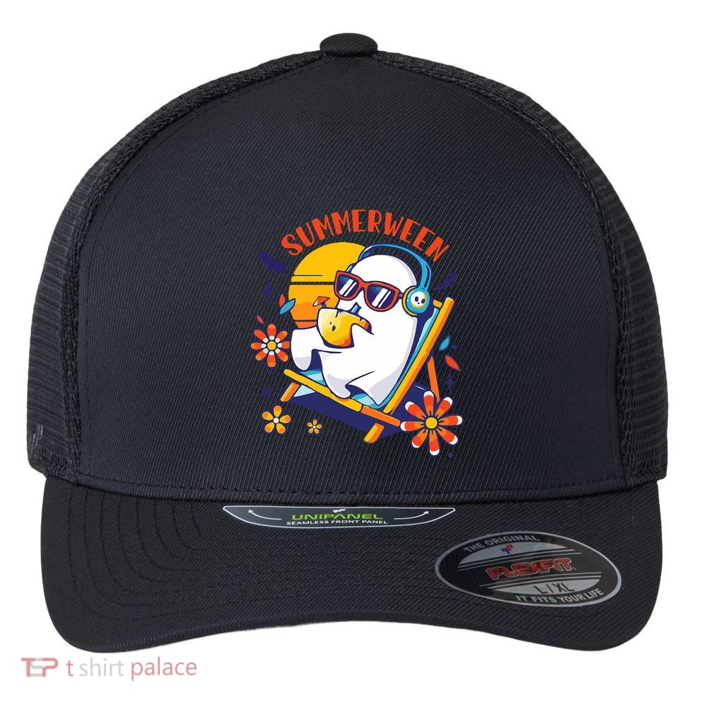 Summerween Cute Spooky Summer Ghost Halloween Lover Flexfit Unipanel Trucker Cap