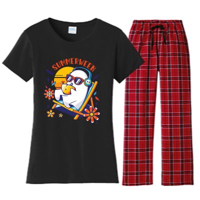 Summerween Cute Spooky Summer Ghost Halloween Lover Women's Flannel Pajama Set