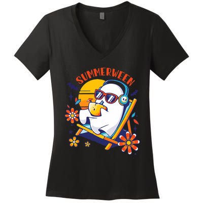 Summerween Cute Spooky Summer Ghost Halloween Lover Women's V-Neck T-Shirt