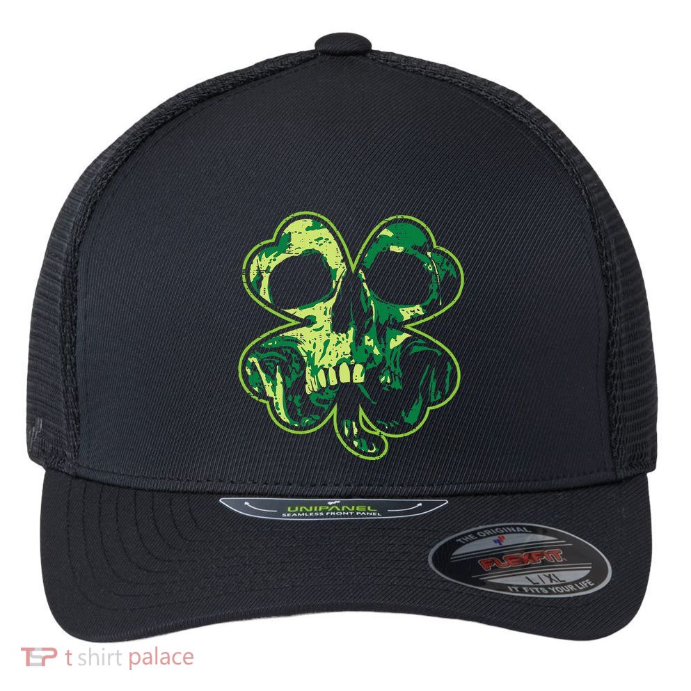 Shamrock Clover Skull Cool Irish St Patricks Day Flexfit Unipanel Trucker Cap