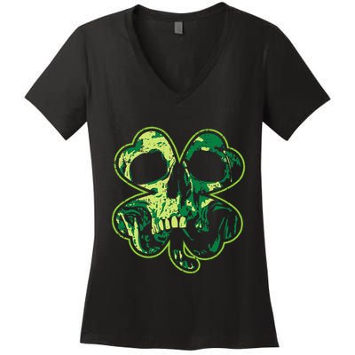 Shamrock Clover Skull Cool Irish St Patricks Day Women's V-Neck T-Shirt