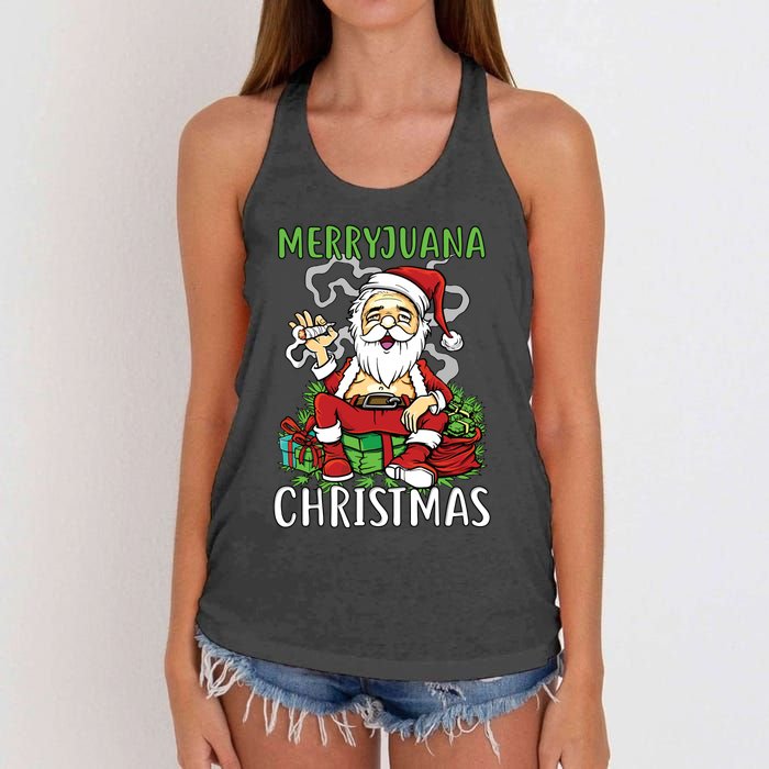 Santa Claus Smoking Weed Marryjuana Christmas 420 Women's Knotted Racerback Tank