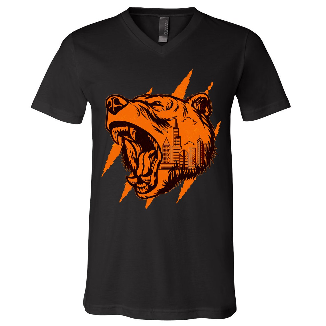 Sporty Chicago Skyline Roaring Bear V-Neck T-Shirt
