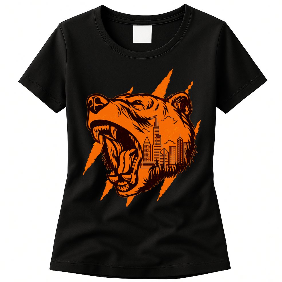 Sporty Chicago Skyline Roaring Bear Womens T-Shirt