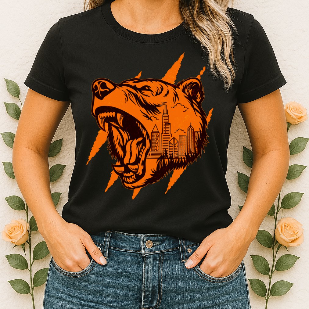 Sporty Chicago Skyline Roaring Bear Womens T-Shirt