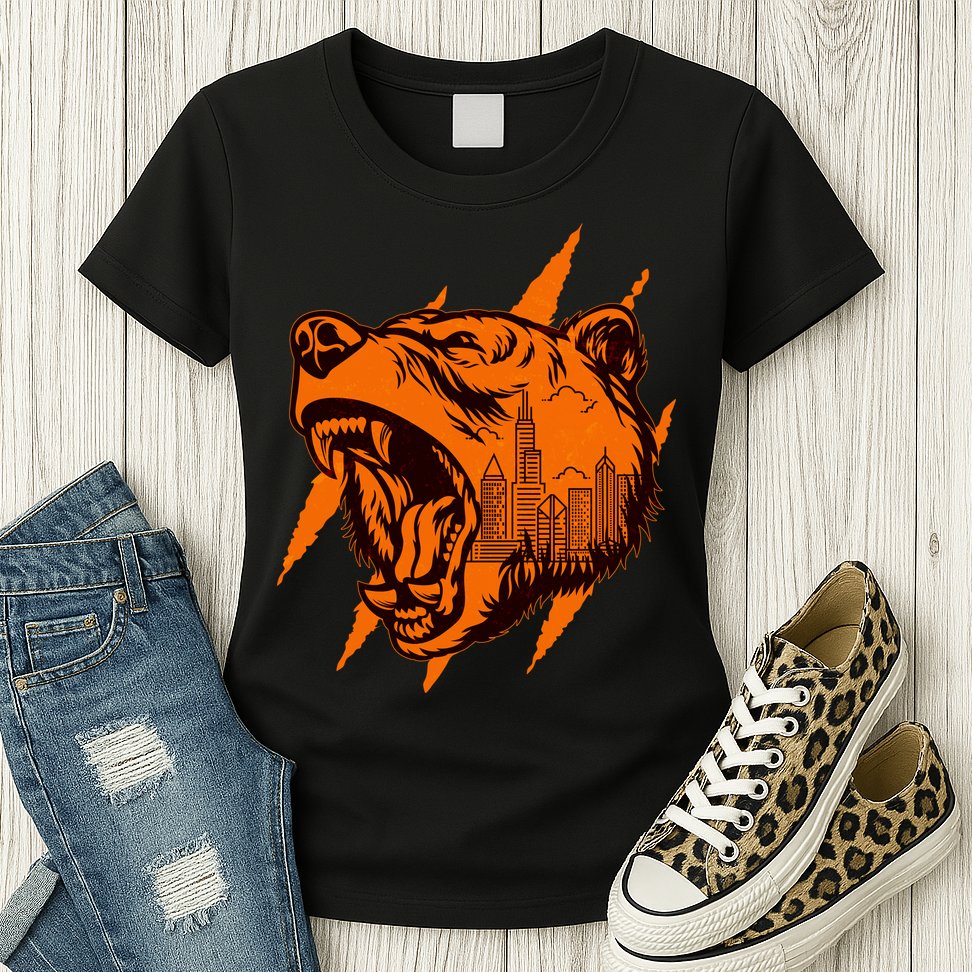 Sporty Chicago Skyline Roaring Bear Womens T-Shirt