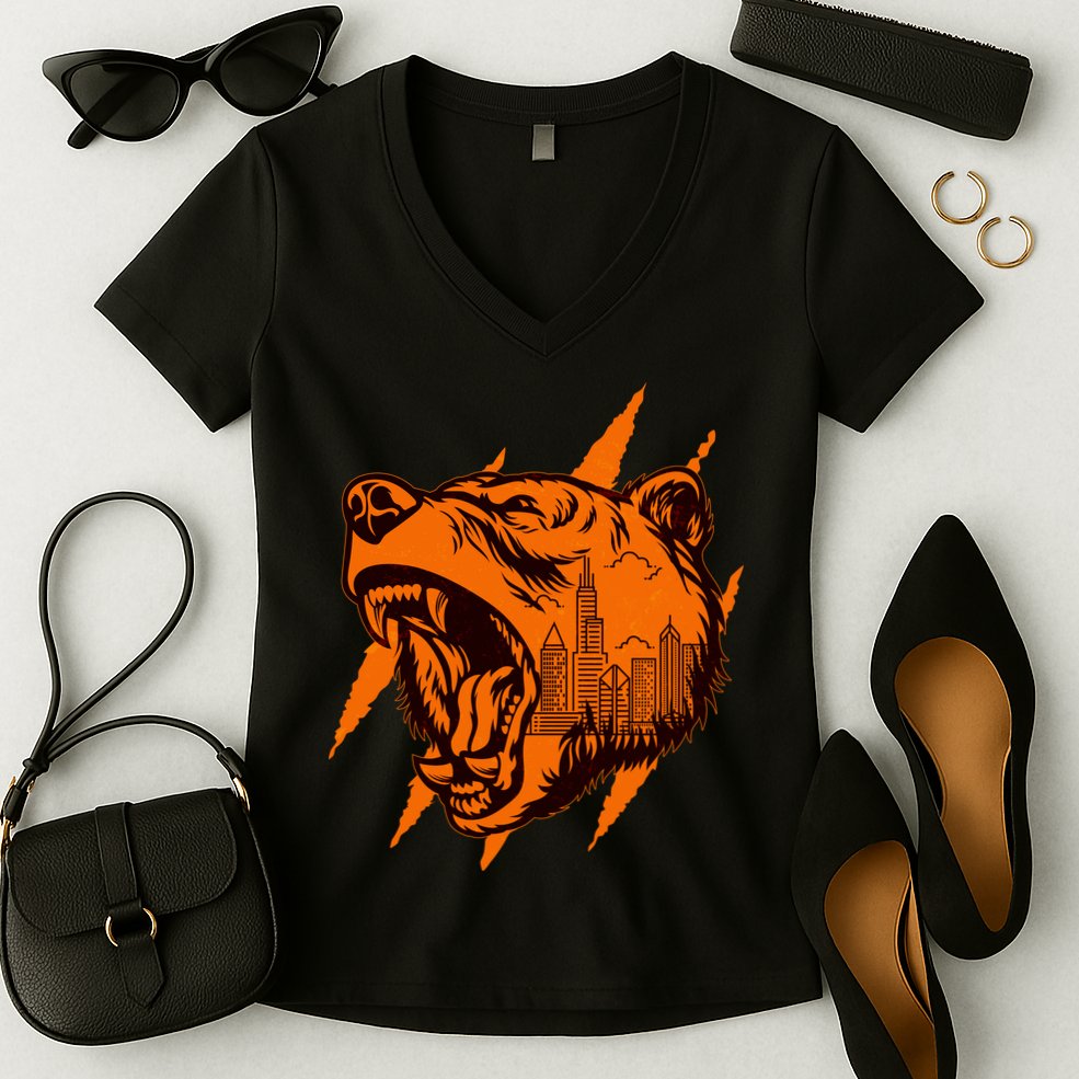 Sporty Chicago Skyline Roaring Bear Women's V-Neck T-Shirt