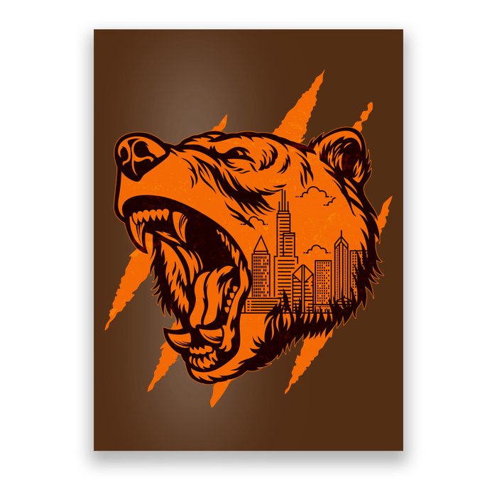 Sporty Chicago Skyline Roaring Bear Poster