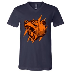 Sporty Chicago Skyline Roaring Bear V-Neck T-Shirt