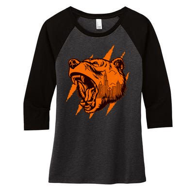 Sporty Chicago Skyline Roaring Bear Women's Tri-Blend 3/4-Sleeve Raglan Shirt