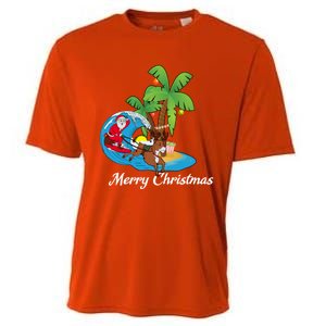 Surfing Christmas Santa Claus Comes To The City Gift Cooling Performance Crew T-Shirt