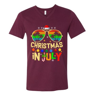 Santa Claus Sunglasses Beach Christmas V-Neck T-Shirt