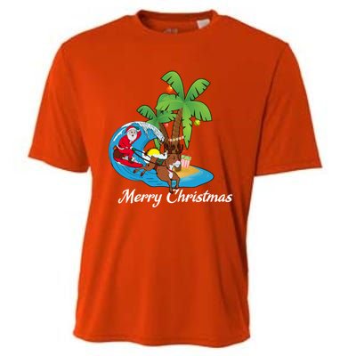 Surfing Christmas Santa Claus Comes To The City Cute Gift Cooling Performance Crew T-Shirt