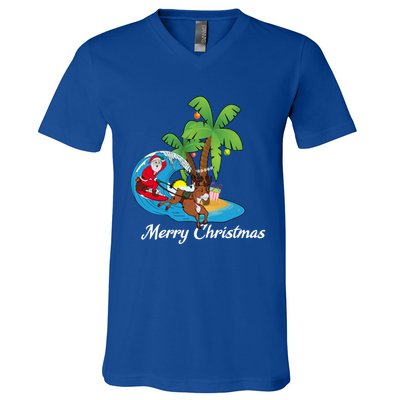 Surfing Christmas Santa Claus Comes To The City Cute Gift V-Neck T-Shirt