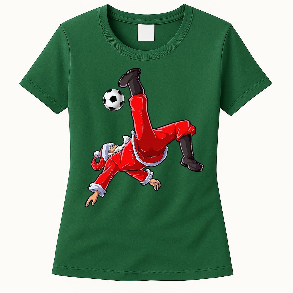 Soccer Christmas Santa Bicycle Kick Xmas Ball Sport Womens T-Shirt