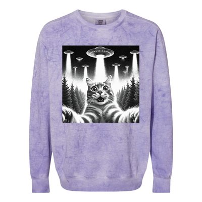 Scared Cat Selfie with UFOs Colorblast Crewneck Sweatshirt