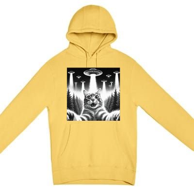 Scared Cat Selfie with UFOs Premium Pullover Hoodie