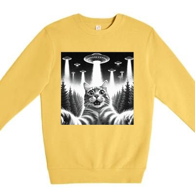 Scared Cat Selfie with UFOs Premium Crewneck Sweatshirt