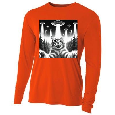 Scared Cat Selfie with UFOs Cooling Performance Long Sleeve Crew