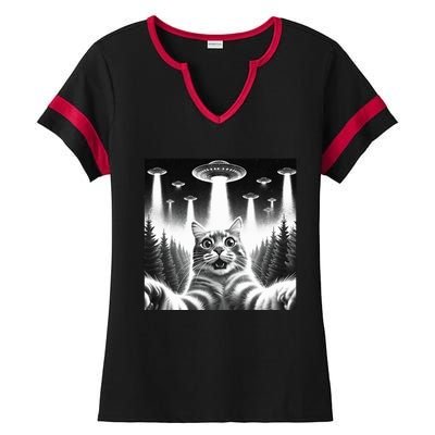 Scared Cat Selfie with UFOs Ladies Halftime Notch Neck Tee