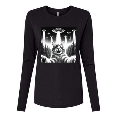 Scared Cat Selfie with UFOs Womens Cotton Relaxed Long Sleeve T-Shirt