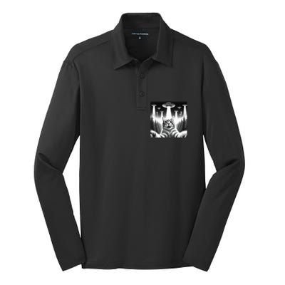 Scared Cat Selfie with UFOs Silk Touch Performance Long Sleeve Polo