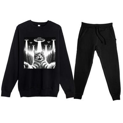 Scared Cat Selfie with UFOs Premium Crewneck Sweatsuit Set