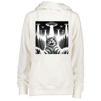 Scared Cat Selfie with UFOs Womens Funnel Neck Pullover Hood