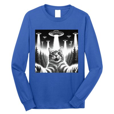 Scared Cat Selfie with UFOs Long Sleeve Shirt