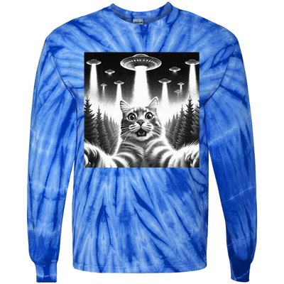 Scared Cat Selfie with UFOs Tie-Dye Long Sleeve Shirt