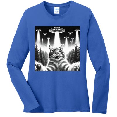 Scared Cat Selfie with UFOs Ladies Long Sleeve Shirt